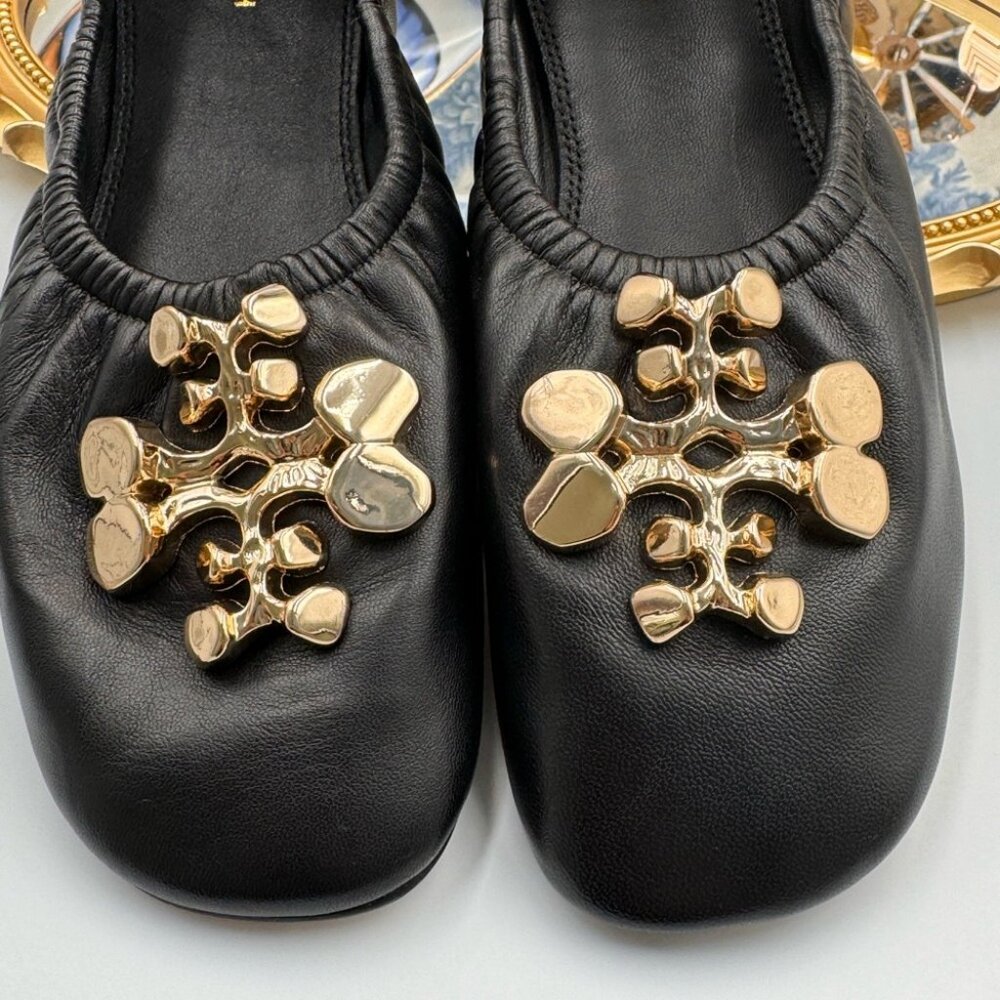 🆕 TORY BURCH 🧿 BNWOB Black Sheepskin Leather Abstract Logo Scrunch Ballet Flat - Picture 13 of 15